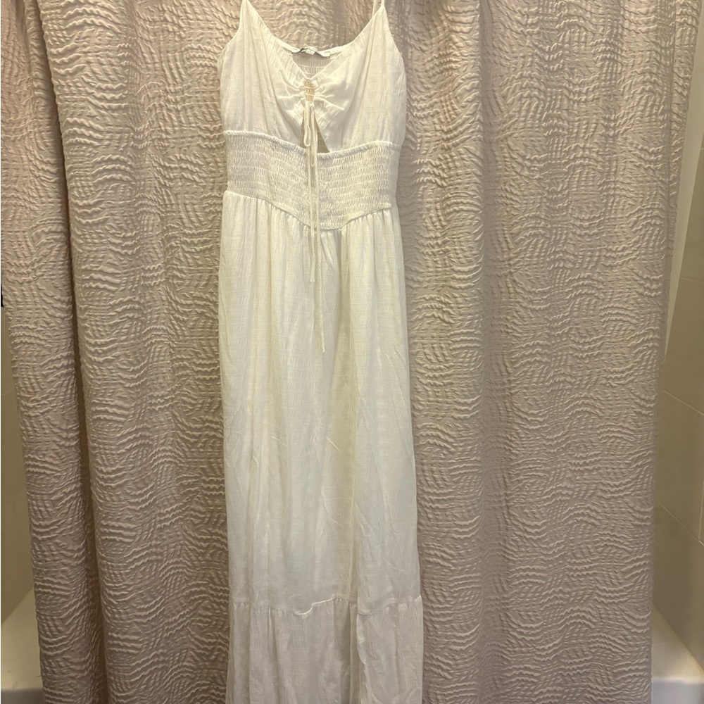 Love Tree White Maxi Dress with Smocked Waist and Tie Straps